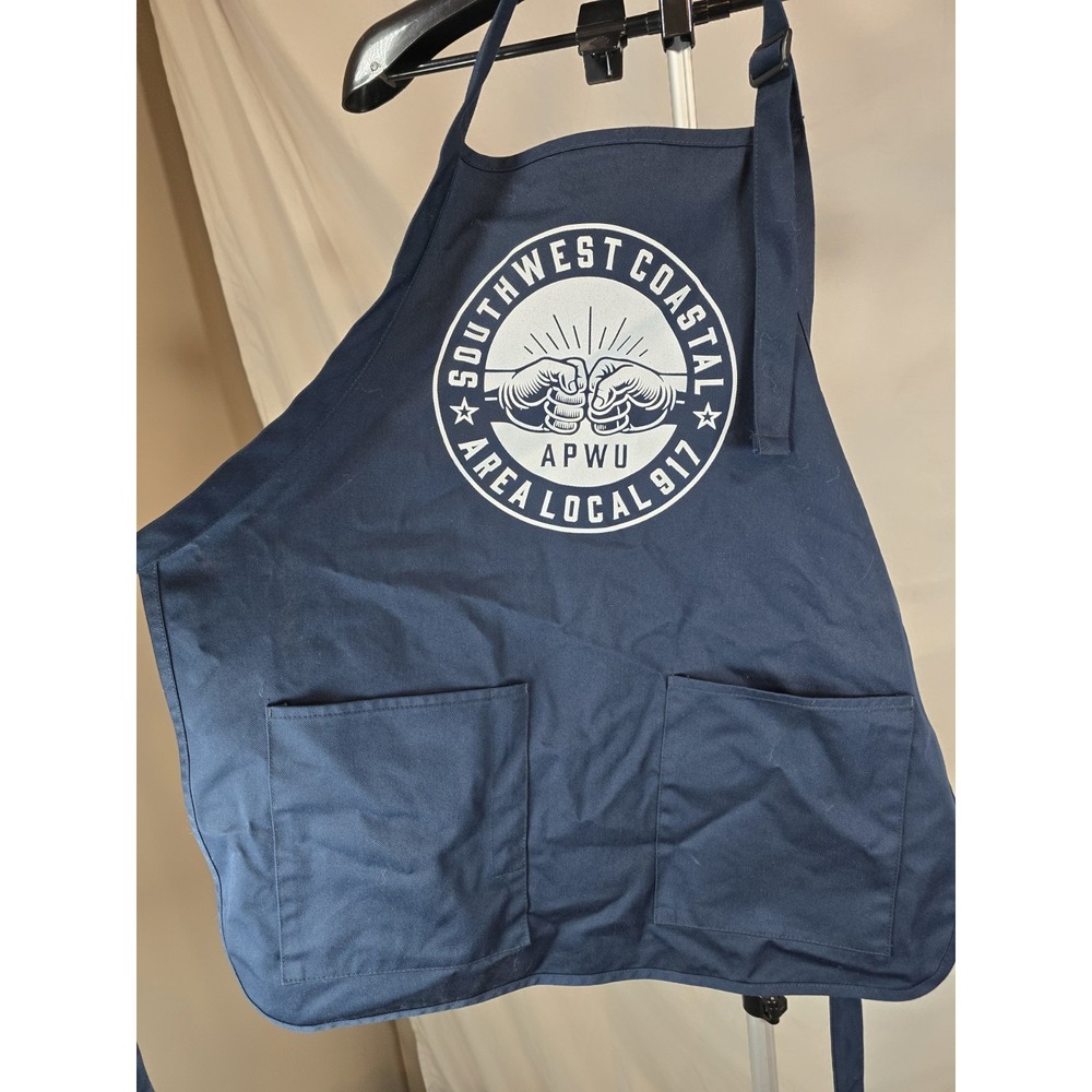 dark blue Southwest Coastal Area Local 917 APWU custom bib apron with pockets‎